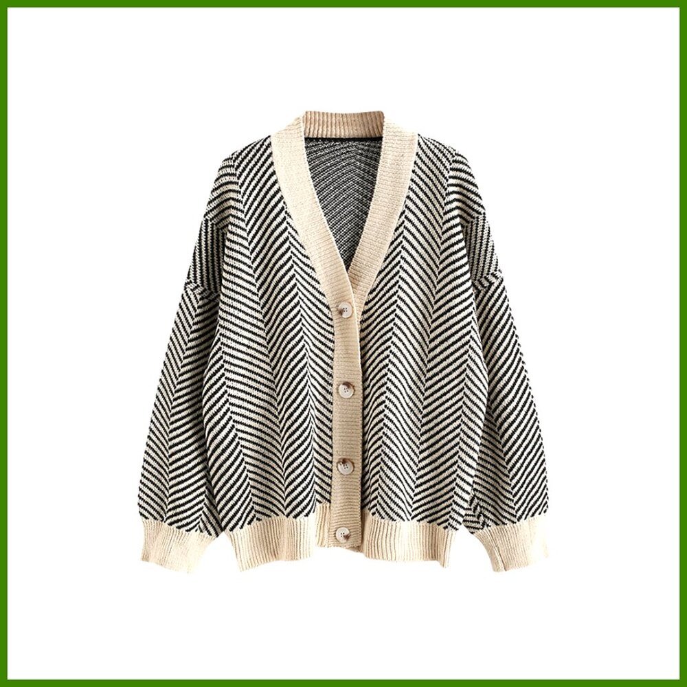 Striped Cardigan Long Sleeve Button Up Open Front Knit Oversized Sweater